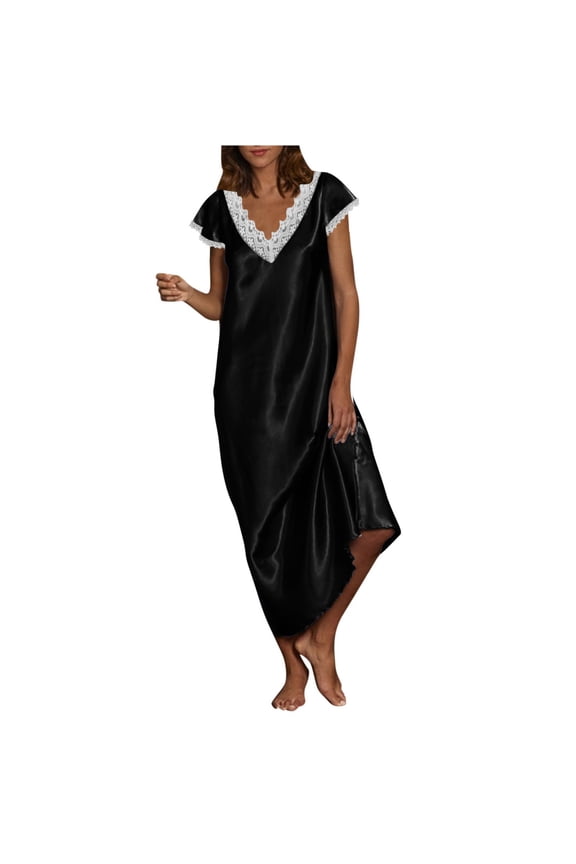 Nightgowns for Women Sexy Lace V Neck Sleepdress Silky Maxi Long Nightshirt Short Sleeve Satin Night Dress Plus Size Sleepwear