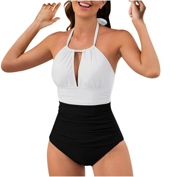 Alkepwun One Piece Swimsuit Women 2025 Sexy Halter V Neck Swimwear Cutout Ruched Tummy Control Swimsuits High Waisted Bathing Suit