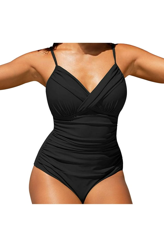 One Piece Swimsuit Women Tummy Control Bathing Suit Wrapped Ruched Padded Adjustable Spaghetti Straps V Neck Swimwear