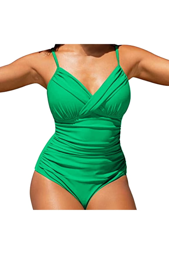 One Piece Swimsuit Women Tummy Control Bathing Suit Wrapped Ruched Padded Adjustable Spaghetti Straps V Neck Swimwear