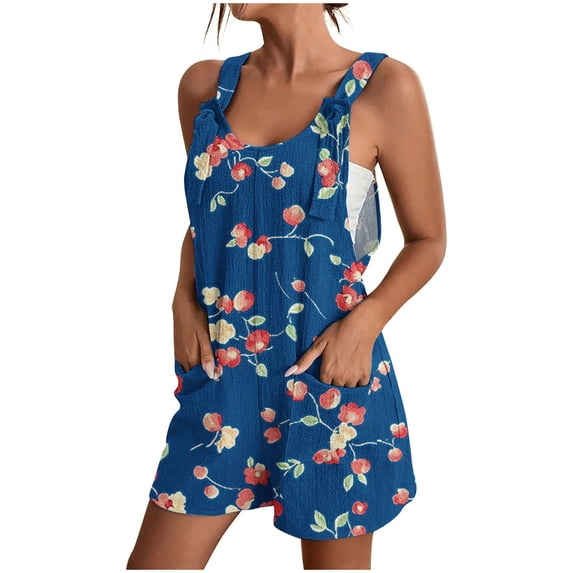 Alkepwun Overalls for Women Summer Floral-Print Sleeveless Casual Wide Leg Short Jumpsuit with Pockets Lightweight Comfort Breathable Loose Plus Size Daily Rompers