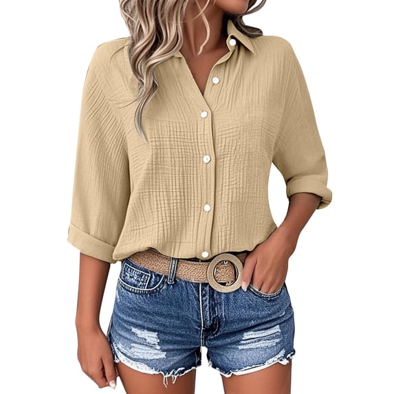 Alkepwun Oversized Button Down Shirts for Women Fashion Rolled Up 3/4 Sleeve Turn Down Collar Top Blouse Loose Textured Office Work Dressy Blouses
