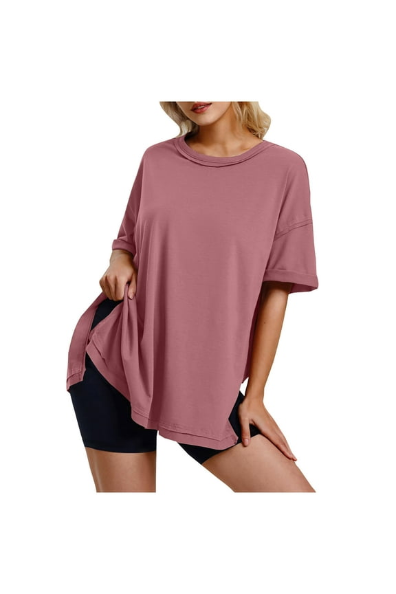 Oversized Tshirts for Women Summer Plus Size Tops Loose Fit Crewneck Tees Side Split Workout Gym Shirts Tops
