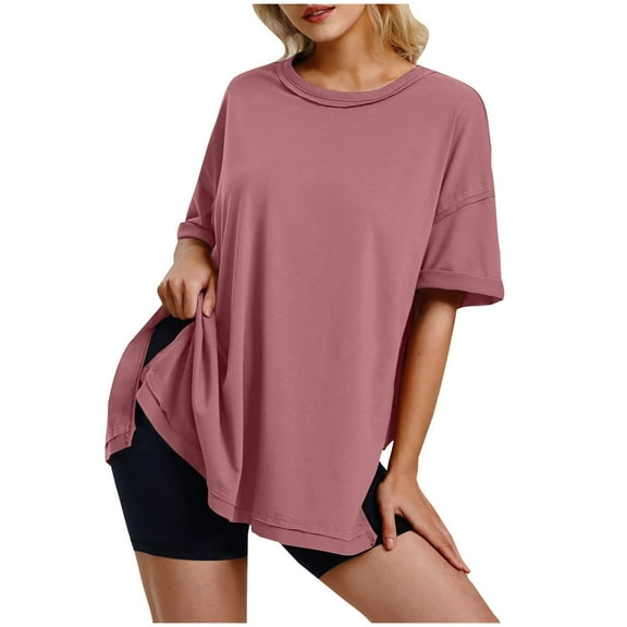 Alkepwun Oversized Tshirts for Women Summer Plus Size Tops Loose Fit Crewneck Tees Side Split Workout Gym Shirts Tops