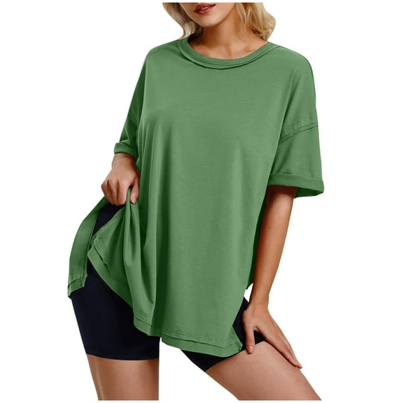 Alkepwun Oversized Tshirts for Women Summer Plus Size Tops Loose Fit Crewneck Tees Side Split Workout Gym Shirts Tops