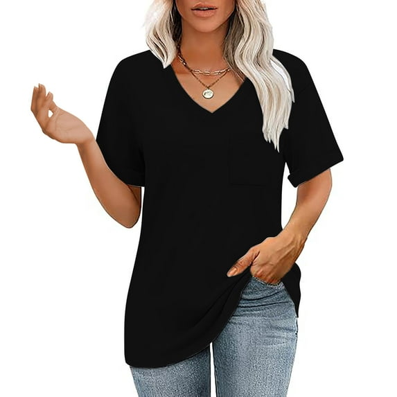 Alkepwun Oversized Tshirts for Women Summer V Neck Rolled Short Sleeve Pocket Tops Casual Loose Basic Tee Shirts