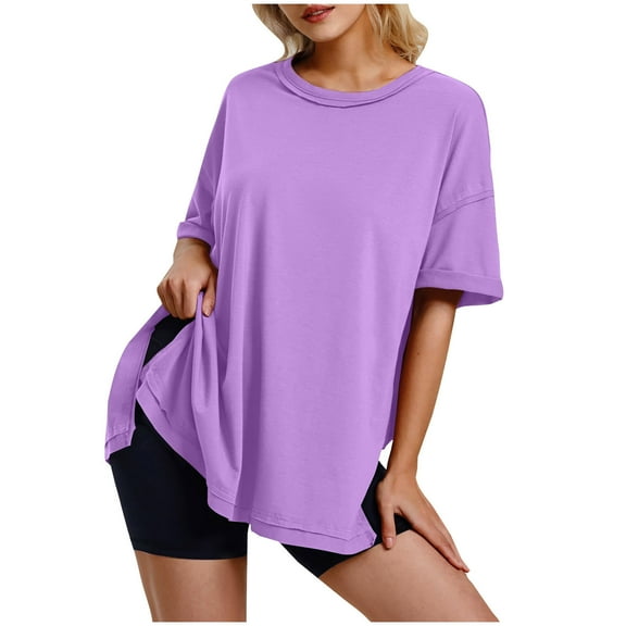 Alkepwun Oversized Tshirts for Women Workout Plus Size Tops Casual Loose Fit Basic Tees Side Split Crewneck Short Sleeve Gym Shirts