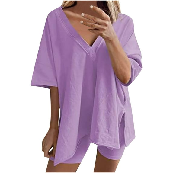 Alkepwun Pajama Sets for Women 2 Piece Lounge Sets Casual Loose Side Slit Oversized V Neck T-Shirts Tops Biker Shorts Set Summer Reversible Tracksuit Workout Clothes on Clearance