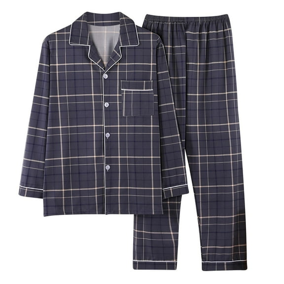 Alkepwun Pajama Sets for Men Long Sleeve Plaid Printed Button Down Pockets Tops and Elastic Waist Comfy Long Pants