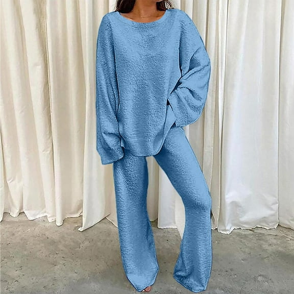 Alkepwun Pajamas for Women 2 Piece Plus Size Lounge Set Fuzzy Fleece Long Sleeve Pullover Sweater Top Wide Leg Pants Set Winter Warm Sleepwear Outfits