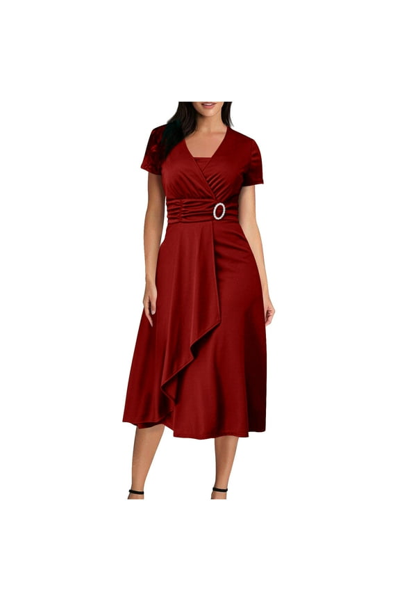 Party Dresses for Women Sexy Casual Wrap V Neck Short Sleeve Ruffle Hem Midi Dress Lightweight Comfort Church Wedding Guest Dresses