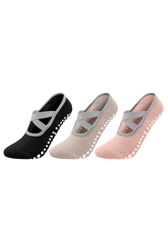 Pilates Socks 3 Pack Women Non Slip Yoga Socks with Grips Lightweight Breathable Comfortable Cross-Strap Socks for Workout, Pure Barre, Ballet, Hospital Socks