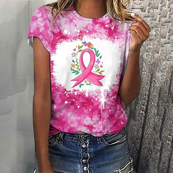 Alkepwun Pink Ribbon Shirts for Women Short Sleeve Breast Cancer Shirt Inspirational Breast Cancer Awareness Gifts Halloween Pumpkin Ghost Flower Printed Graphic Tees Tops,S-5XL