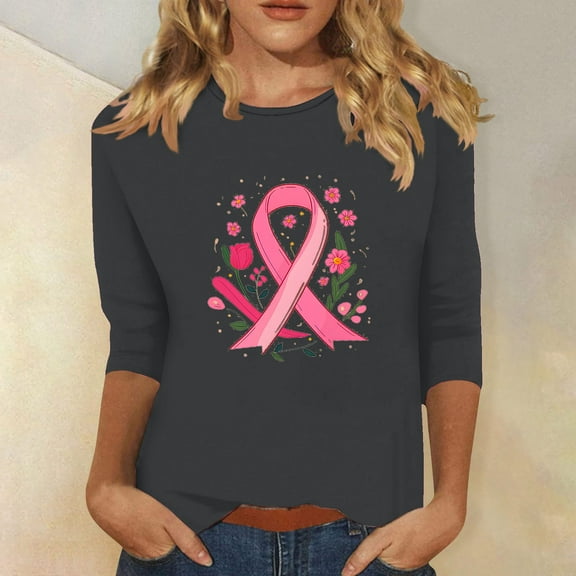 Alkepwun Pink Ribbon Shirts for Women Cancer Survivor Pink Ribbon T-shirt Inspirational 3/4 Sleeve Graphic Tees Tops