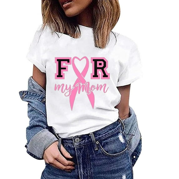 Alkepwun Pink Ribbon Shirts for Women October For My Mom Breast Cancer Awareness T-Shirt Breast Cancer Gifts Inspirational Short Sleeve Tee Tops