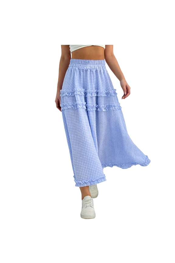 Plaid Skirt Girls Solid Color Elastic High-Waisted A-Line Tiered Long Skirt Lightweight Breathable Sweet Ruffled Hem Casual Flowy Vintage Boho Maxi Skirts