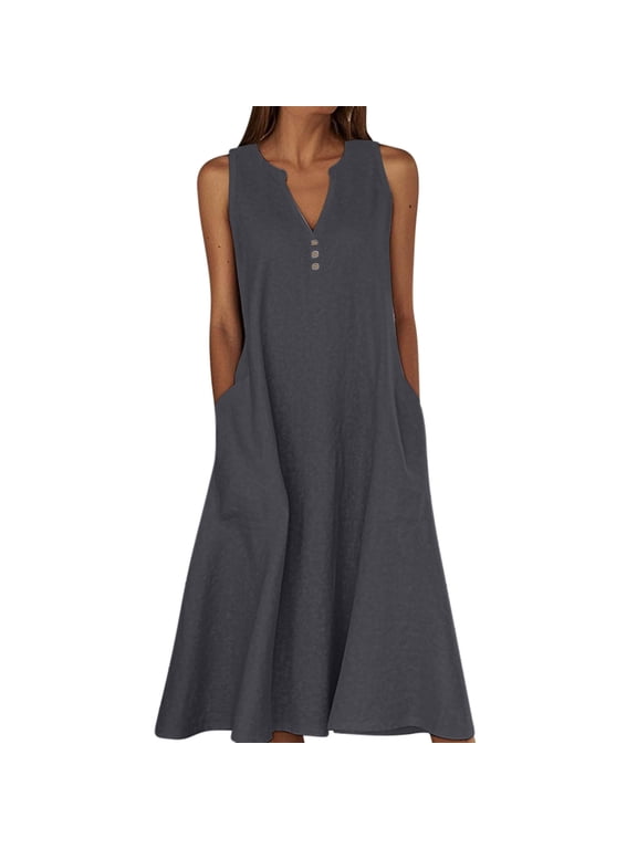 Plus Size Dresses Women's Summer Casual Cotton Linen V-Neck Sleeveless Pockets Bohemian Long Dress Casual Loose Lightweight Breathable Tank Sundress