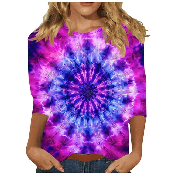 Alkepwun Plus Size Fall Tops Womens 3/4 Length Sleeve Tie-Dye Print Crewneck Top Business Casual Workout Basic Outfits Soft Cozy Pullover Y2K Clothes
