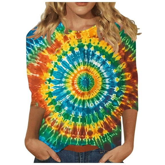 Alkepwun Plus Size Fall Tops Womens 3/4 Length Sleeve Tie-Dye Print Crewneck Top Business Casual Workout Basic Outfits Soft Cozy Pullover Y2K Clothes