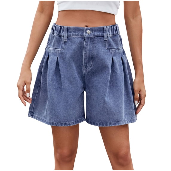Alkepwun Plus Size Jeans Solid-Color Elastic High-Waisted Pleated Loose Denim Shorts Casual Comfortable Stretch Breathable A-Line Jeans Shorts
