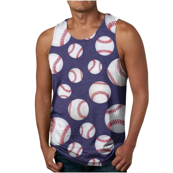 Alkepwun Plus Size Men's Baseball Shirt Workout Tanks Graphic Print Sleeveless Round Neck Tee Shirt Casual Summer Tank Top