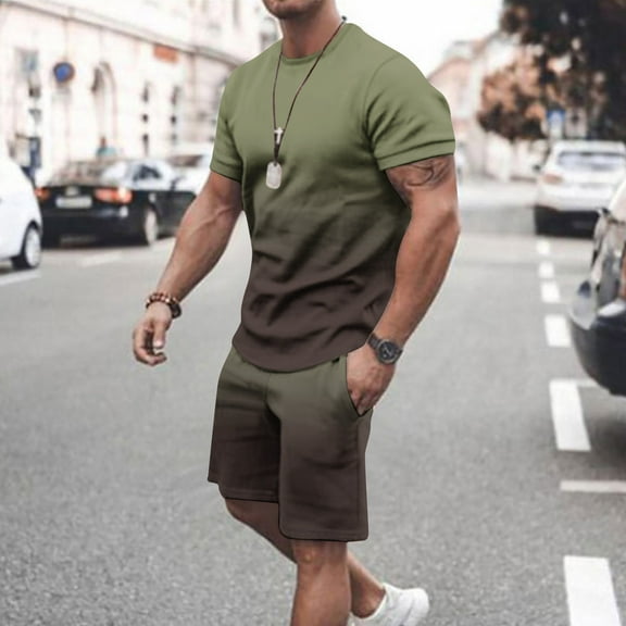 Alkepwun Plus Size Mens Short Sets 2 Piece Outfits Summer Casual T Shirts and Shorts Tracksuit Gradient Lounge Sets with Pockets