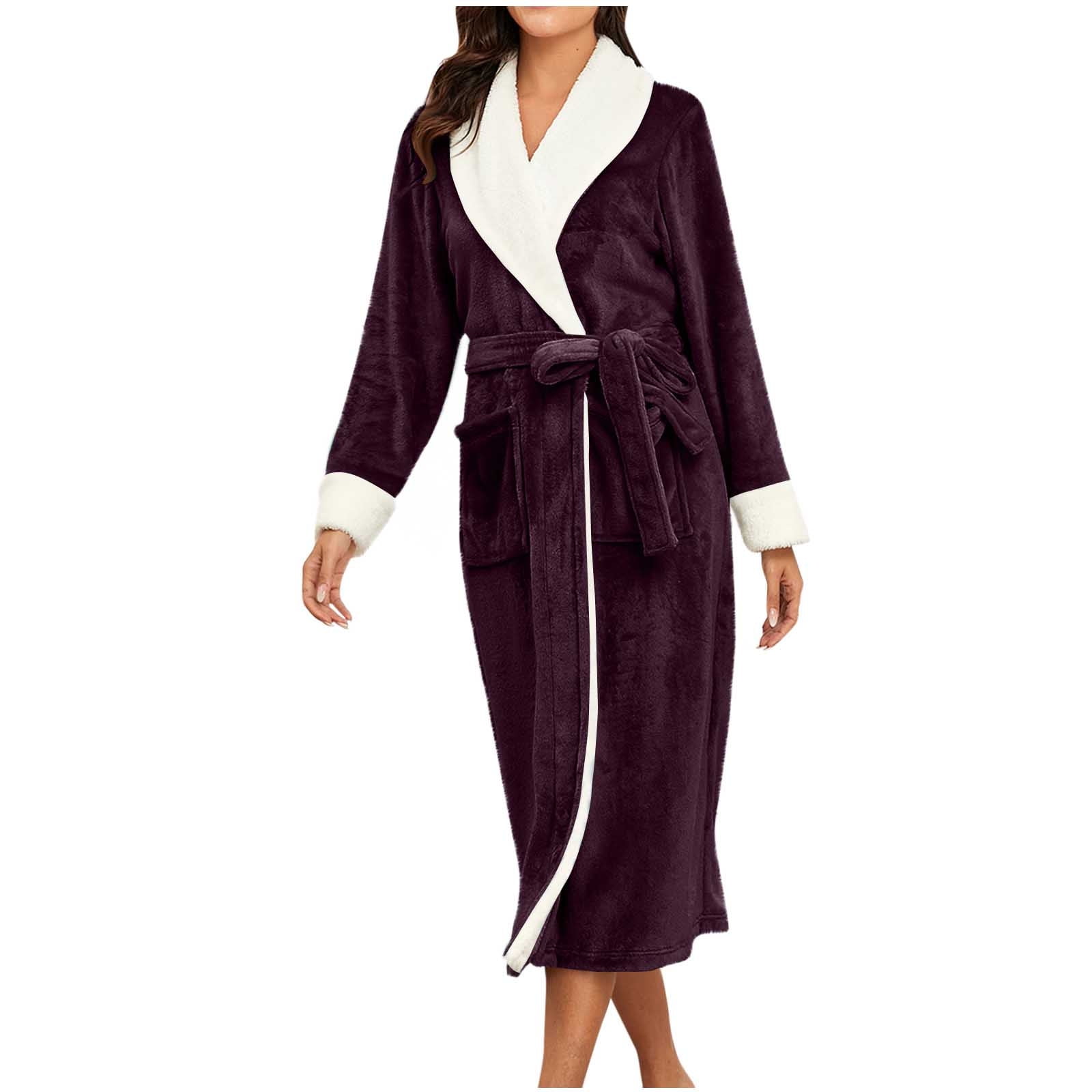 Sleep Robe Fluffy Alkepwun Plus Size Sleepwear Flannel Plush Contrast-Color Collar Unisex ...