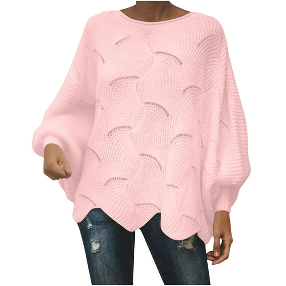 Alkepwun Plus Size Sweaters for Women Lantern Sleeve Crew Neck Cutout Ruffled Hem Sweater Solid Color Casual Oversized Warm Knit Sweater Soft Comfortable Pullover Top