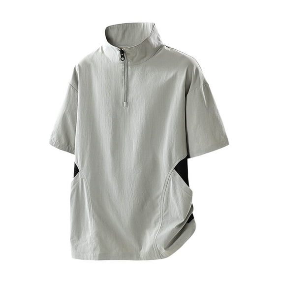 Alkepwun Plus Size Tops Men's Loose Pullover Color Block Half Zip Short-Sleeve Pocket Top Casual Stand Collar Lightweight Breathable Fitness Wear