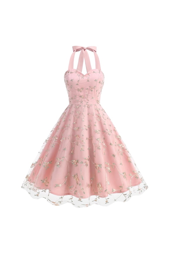 Prom Dress Women Heart-Shaped Neckline Halter Off-the-Shoulder Backless Floral Embroidered Mesh Dress Vintage Swing A-Line Pleated Wedding Guest Dresses