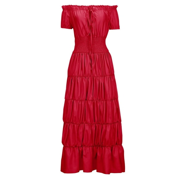 Alkepwun Renaissance Dress Women Solid Color Off-Shoulder Medieval Chemise Long Dress Elastic Neckline Short Sleeves Fitted Waist Ball Gown Vintage Dress