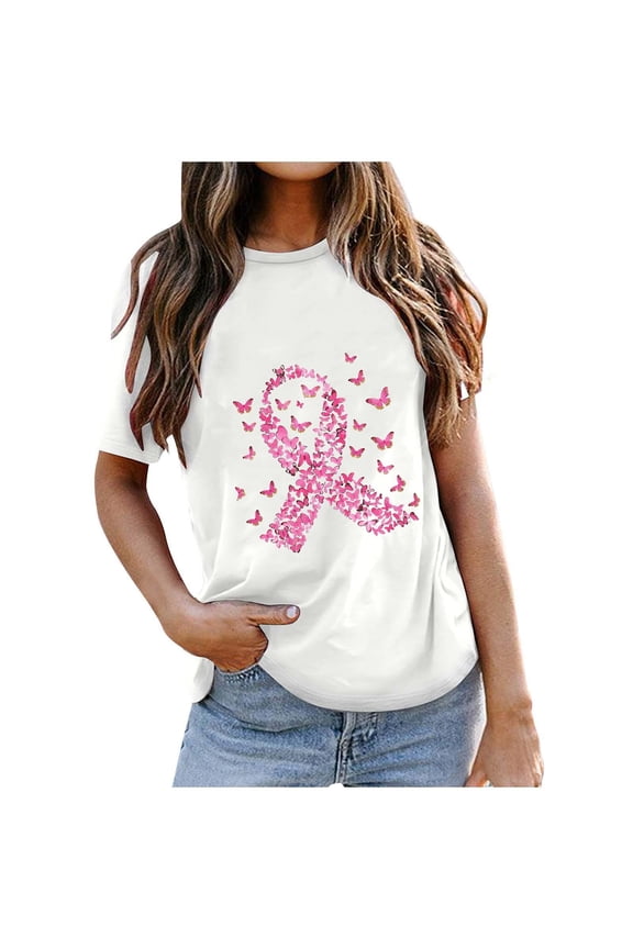 Ribbon Shirts for Women Breast Cancer Awareness T-Shirt Inspirational Breast Cancer Printed Round Neck Short Sleeve Blouse Tops