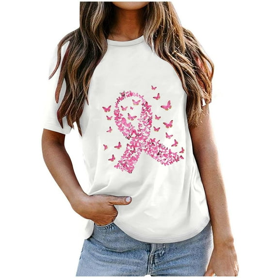Alkepwun Ribbon Shirts for Women Breast Cancer Awareness T-Shirt Inspirational Breast Cancer Printed Round Neck Short Sleeve Blouse Tops