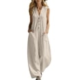 thumbnail image 1 of Alkepwun Rompers for Women Linen Sleeveless Loose V-Neck Button Down Jumpsuit with Pockets Lightweight Wide Leg Long Summer Flowy Vacation Rompers, 1 of 7