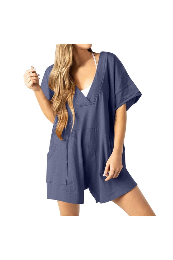Rompers for Women Summer Casual Short Sleeve Oversized Athletic Rompers Reversible Workout Overalls Hot Shot Tee Romper Onesie with Pocket