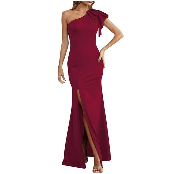 Alkepwun Ruffle One Shoulder Dresses for Women Sexy Long Formal Gown High Waist Split Guest Party Maxi Dress