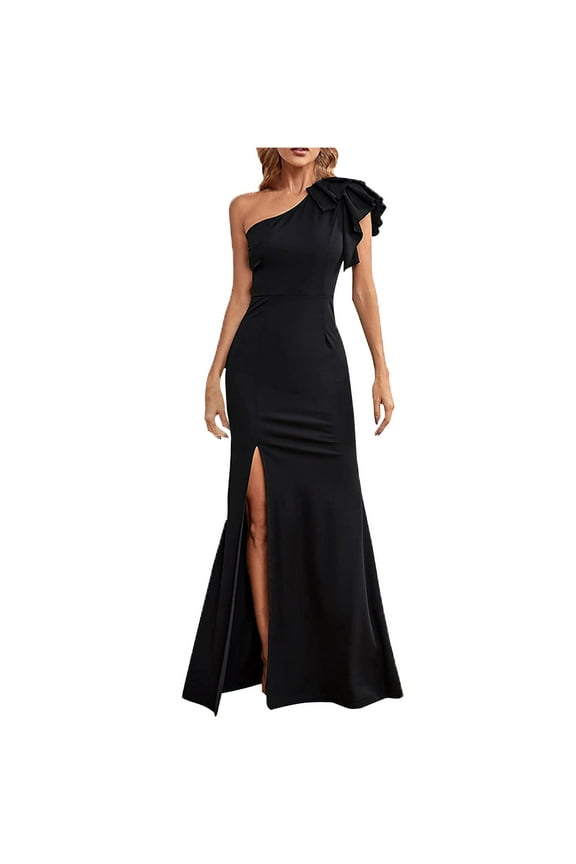 Ruffle One Shoulder Dresses for Women Sexy Long Formal Gown High Waist Split Guest Party Maxi Dress