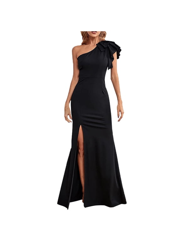 Ruffle One Shoulder Dresses for Women Sexy Long Formal Gown High Waist Split Guest Party Maxi Dress