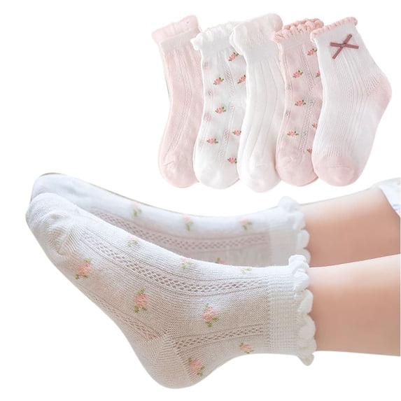 Alkepwun Ruffle Socks 5-Piece Rabbit Breathable Cotton Mid-Calf Mesh Thin Socks for Boys and Girls Cute Comfortable Floor Socks Seamless School Uniform Socks Toddlers Learning to Walk Socks
