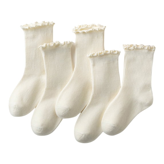 Alkepwun Ruffle Socks for Girls 5-Piece Cotton Knit Ribbed Mid-Calf Socks Comfortable Breathable Warm Socks Formal School Uniform Socks Cute Casual Uniform Socks