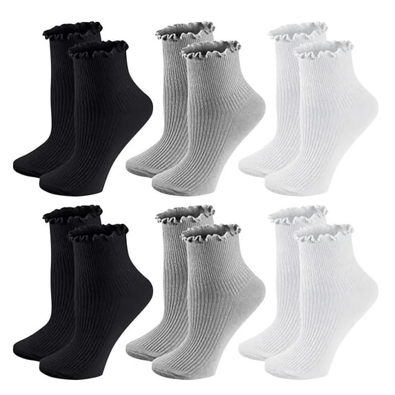 Alkepwun Ruffle Socks Woman 6 Pack Double Needle Solid Color Cute Princess Socks Cotton Soft Comfortable Breathable Knit Stockings Casual Fashionable School Uniform Socks