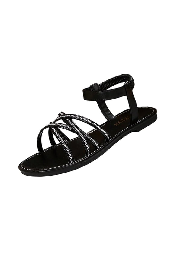 Sandals for Women Shimmering Rhinestone Cross-Strap Open-Toe Round-Toe Flat Sandals Summer Casual Versatile Plus Size Back Elastic Strap Soft Sole Shoes