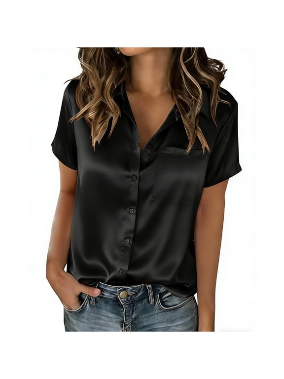Satin Blouses for Women Solid-Color Casual Short-Sleeve Button Down Collared Shirt Summer Lightweight Breathable Business Outfits with Pocket