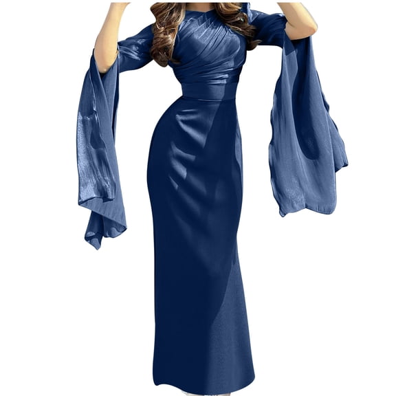 Alkepwun Satin Dress for Women 3/4 Bell Sleeve Round-Neck Sheen Maxi Dress Solid Fitted High-Waist Pleated Evening Gown