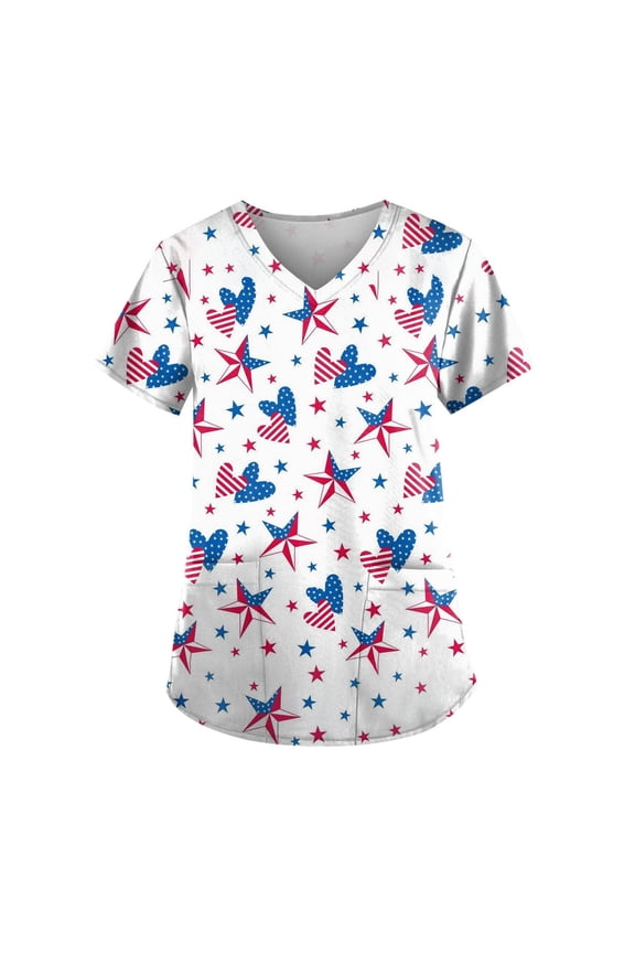 Scrub Tops Women American Flag Shirts Patriotic Vneck Blouse Stretch Soft Scrub Shirts with Pockets Comfy Plus Size Nurse Work Tops