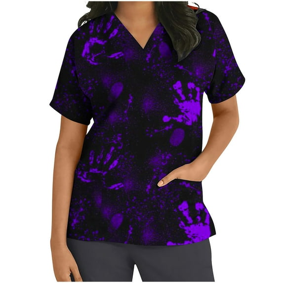 Alkepwun Scrub Tops Women Halloween Scrubs Spooky Print Nurse Uniforms Gifts Stretchy V Neck Blouse Short Sleeve T Shirts with Pockets