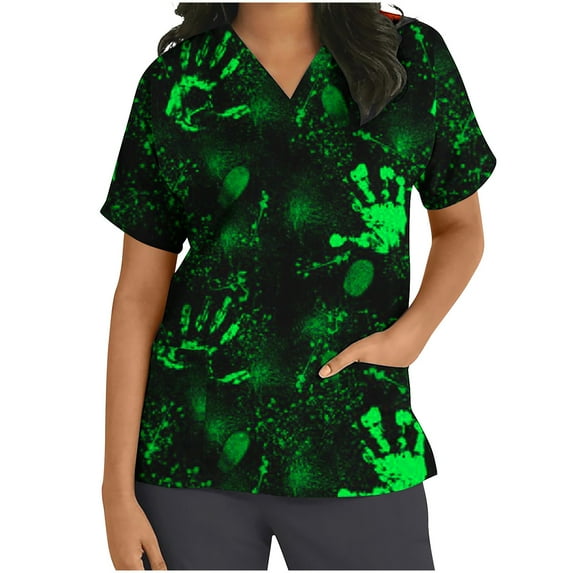 Alkepwun Scrub Tops Women Halloween Scrubs Spooky Print Nurse Uniforms Gifts Stretchy V Neck Blouse Short Sleeve T Shirts with Pockets