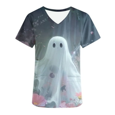 Alkepwun Scrub Tops Women Halloween Shirts Ghost Print Scrub Tops Stretch Nursing Tops Soft Nurse Uniform V Neck Short Sleeve T Shirs with Pockets