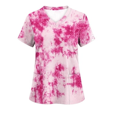 Alkepwun Scrubs for Women Fashion V-Neck Short Sleeve T-Shirt Pink Ribbon Breast Cancer Shirts Nurse Working Uniforms Workwear Scrub Tops with Pockets