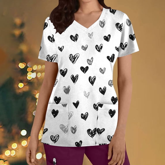 Alkepwun Scrubs for Women Love Heart Print Nursing Work Tees Tops Holiday Shirts Nurse Gifts Stretchy Nurse Scrub with Pockets